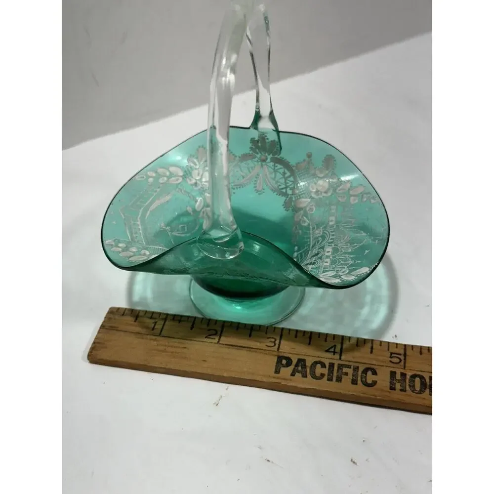 Vintage Murano Moser Etched Scenery Green Blown‎ Art Glass Basket Clear Handle